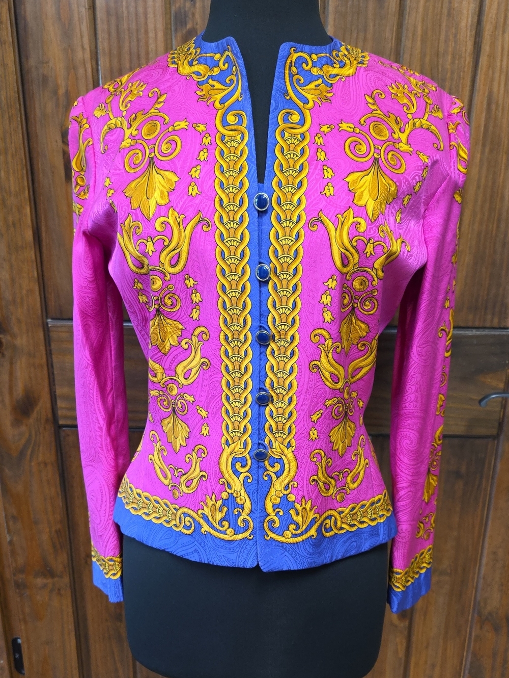 Adrianna Papell Fuchsia Silk Jacket with Gold Embroidery and Blue Trim - Size 4